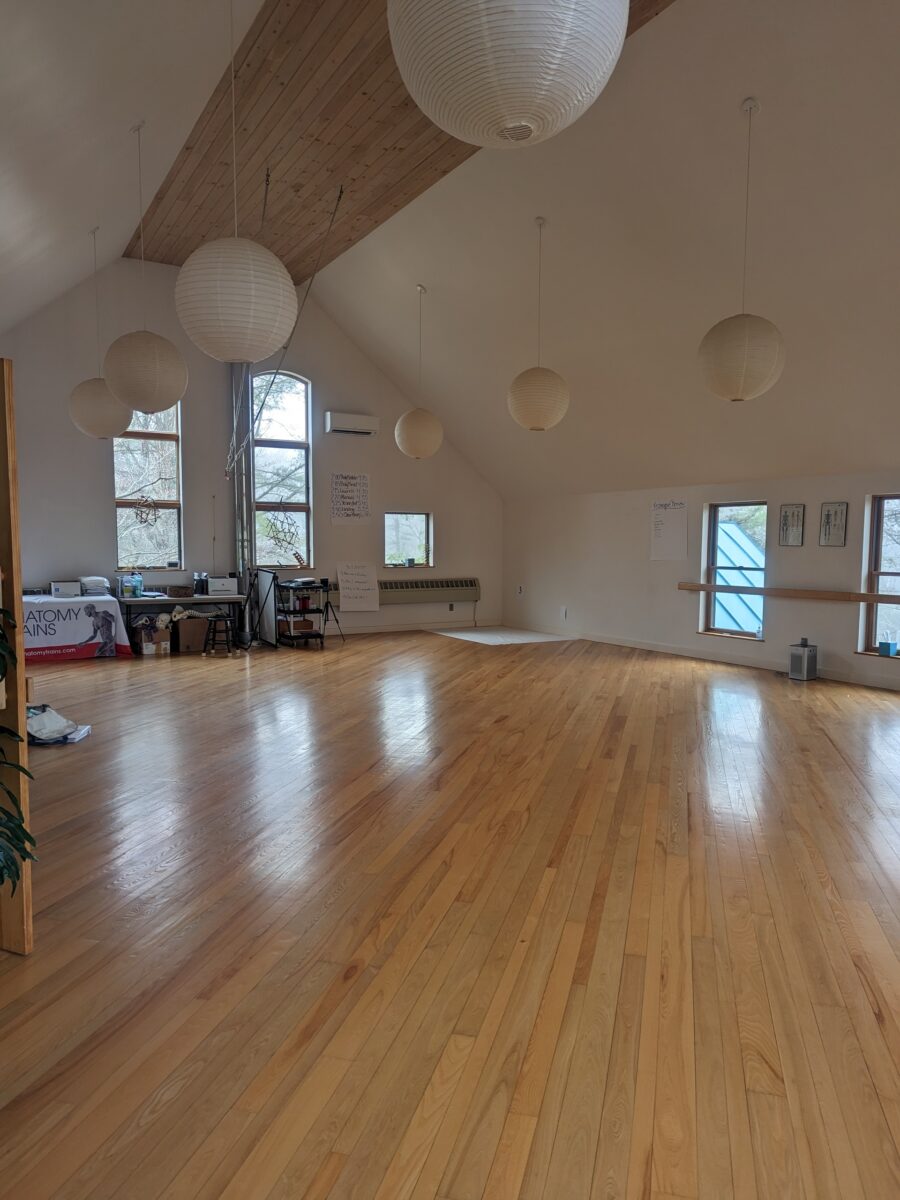 A yoga and movement room with high ceilings, hanging paper lanterns, and windows to watch the forest.